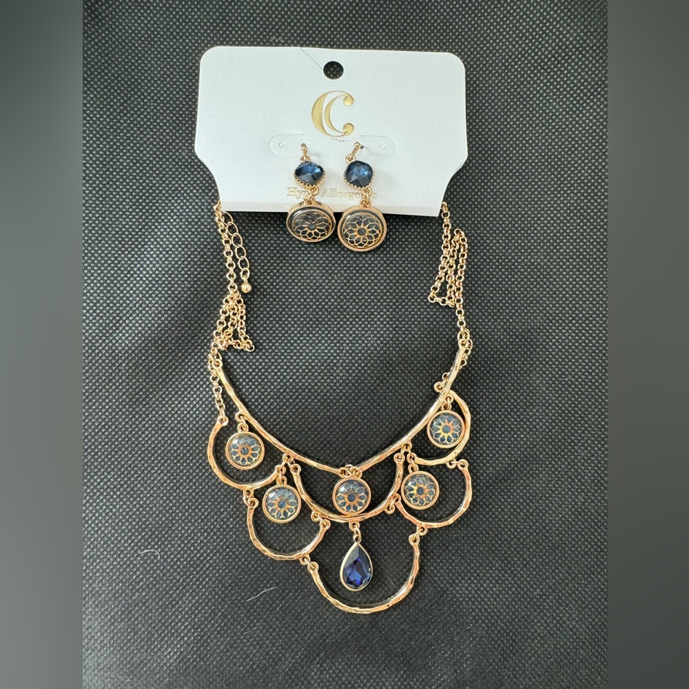 Blue and gold necklace and earrings